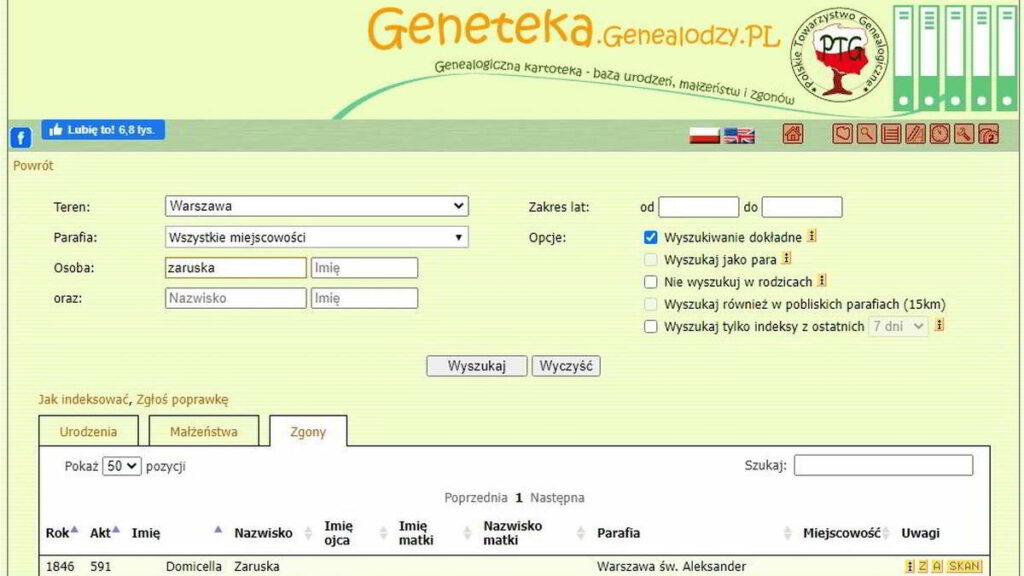 Wyszukiwarki Genealogiczne Geneteka