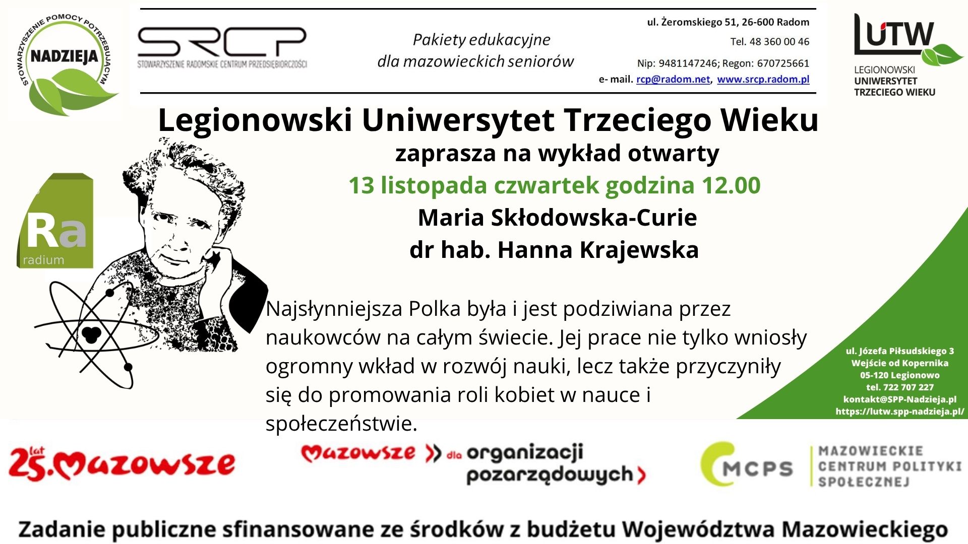 Wykład otwarty: Maria Skłodowska-Curie dr hab. Hanna Krajewska